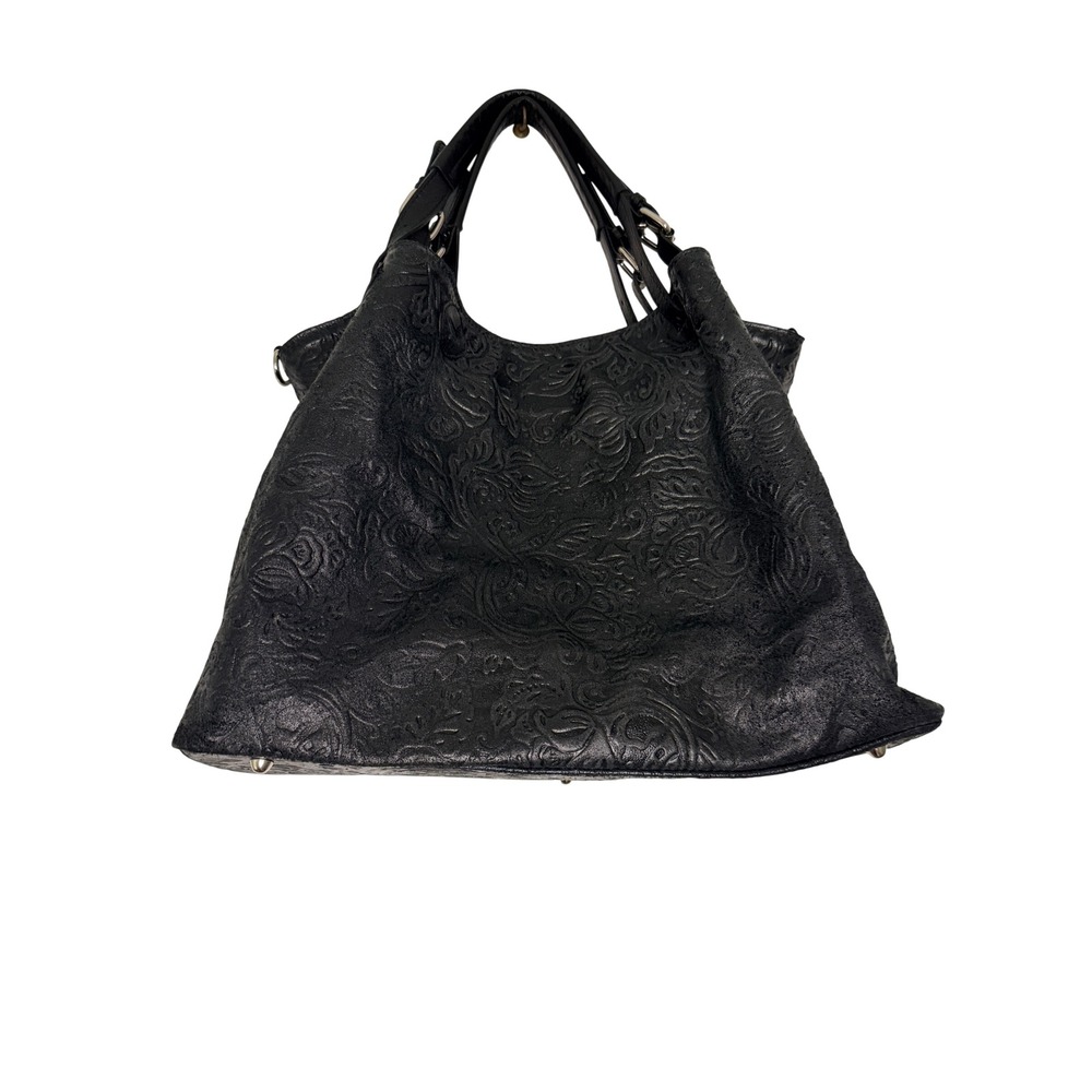 Isadora Italy Black Embossed Floral Leather Hobo Bag Slouchy Shoulder Tote Large